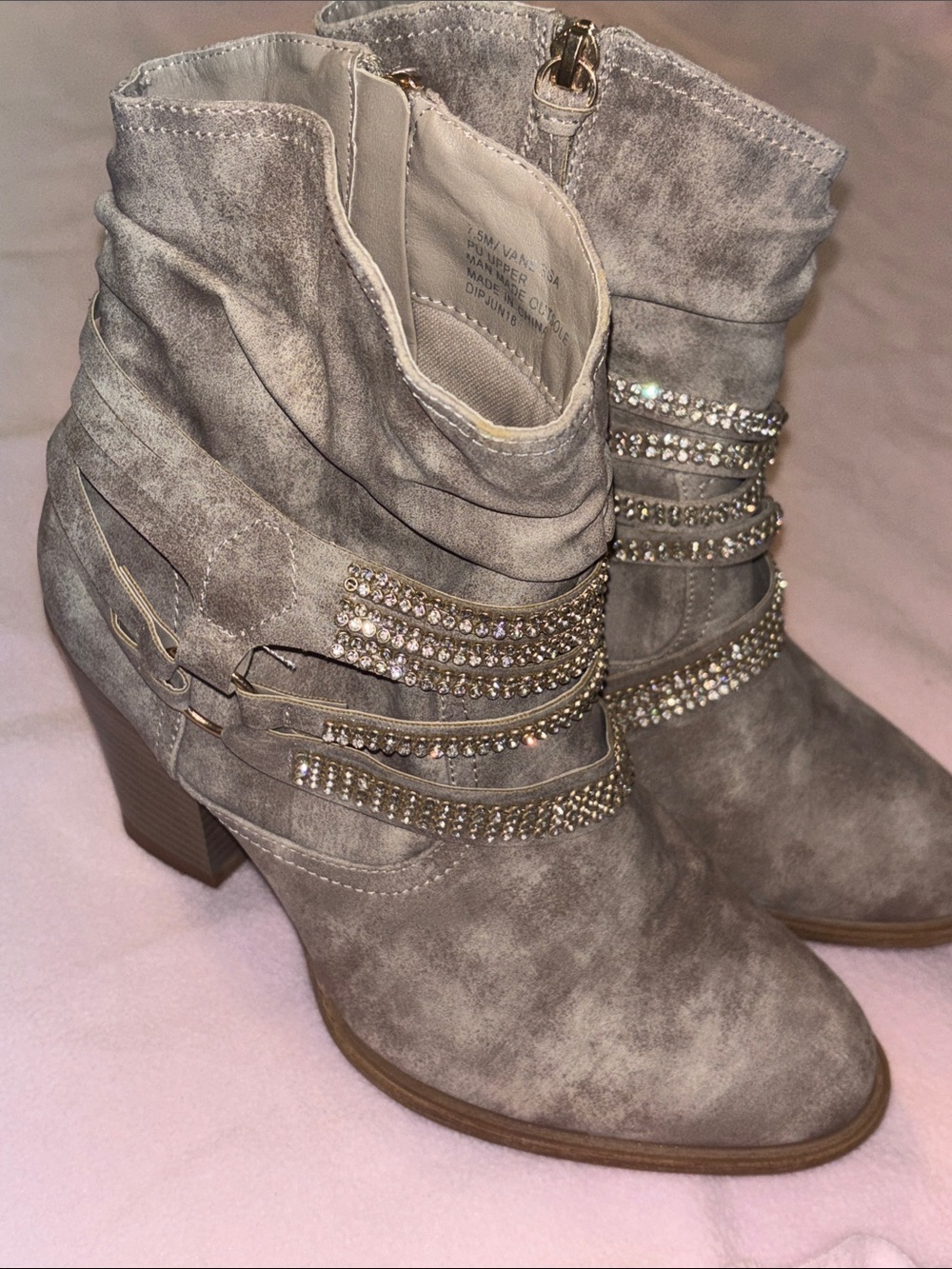 Daisy Fuentes Gray Suede-Look Ankle Boots with Rhinestone Straps